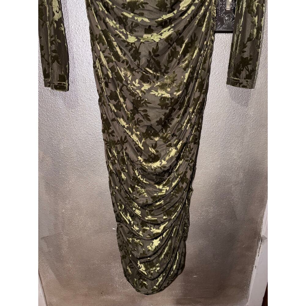 Belle Badgley Mischka Kendall Olive Velvet Burnout Ruched Midi Dress NWT Size 10 - Picture 5 of 9